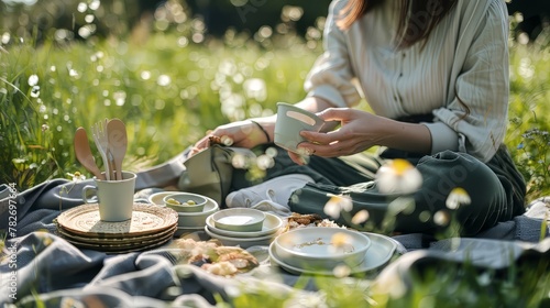 A person enjoying a picnic in a park while using reusable plates and utensils