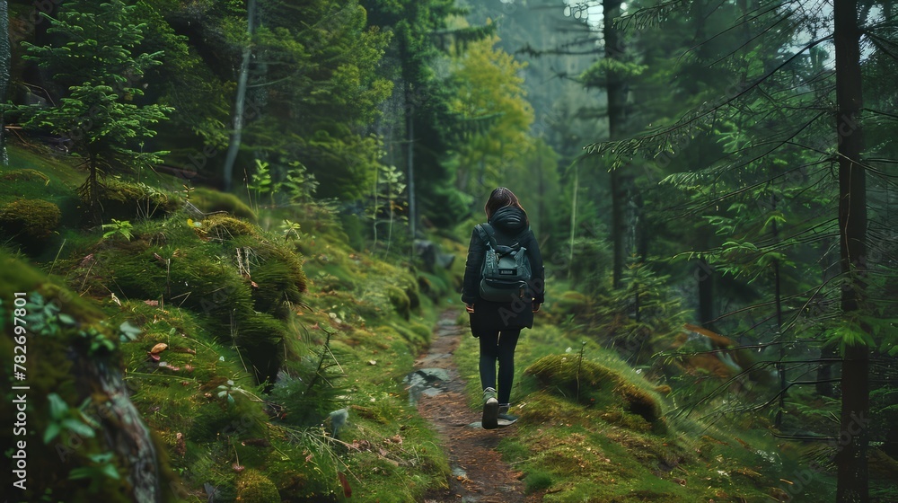 A person walking on a trail through a forest