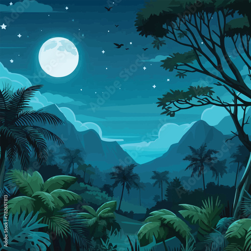 free vector Night landscape and river with full moon and tree