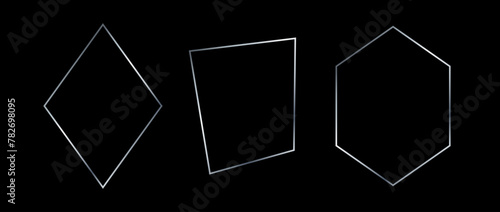 Silver thin frame set. Grey geometric borders in art deco style. Thin linear diamond, rhombus, rectangle collection. Silvery glowing shiny boarder element pack. Vector bundle for photo, cadre, decor