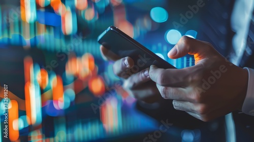 Close-up of a businessman's hand holding a smartphone, checking stock prices photo
