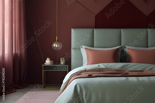 Bedroom in pastel tone maroon color trend 2024 year panton furniture and background. Modern luxury room interior home design. Empty painting wall for art or wallpaper, pictures, art