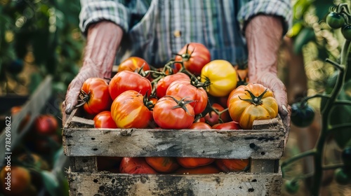 Close-up of a farmer's hands holding a crate of freshly picked heirloom tomatoes