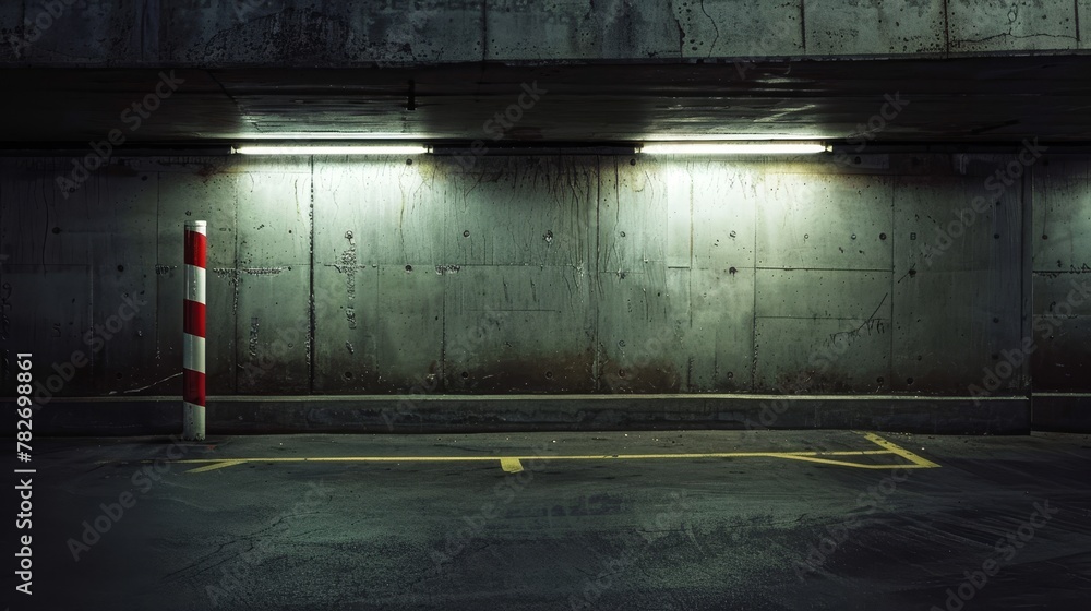 A lone barrier stands sentinel in the hushed, shadowy confines of an underground parking lot A lone barrier stands sentinel in the hushed, shadowy confines of an underground parking lot