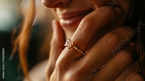 Close-up of a girlfriend admiring her sparkling engagement ring