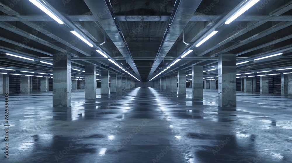An expansive underground car park, its vastness highlighted by stark, artificial lighting