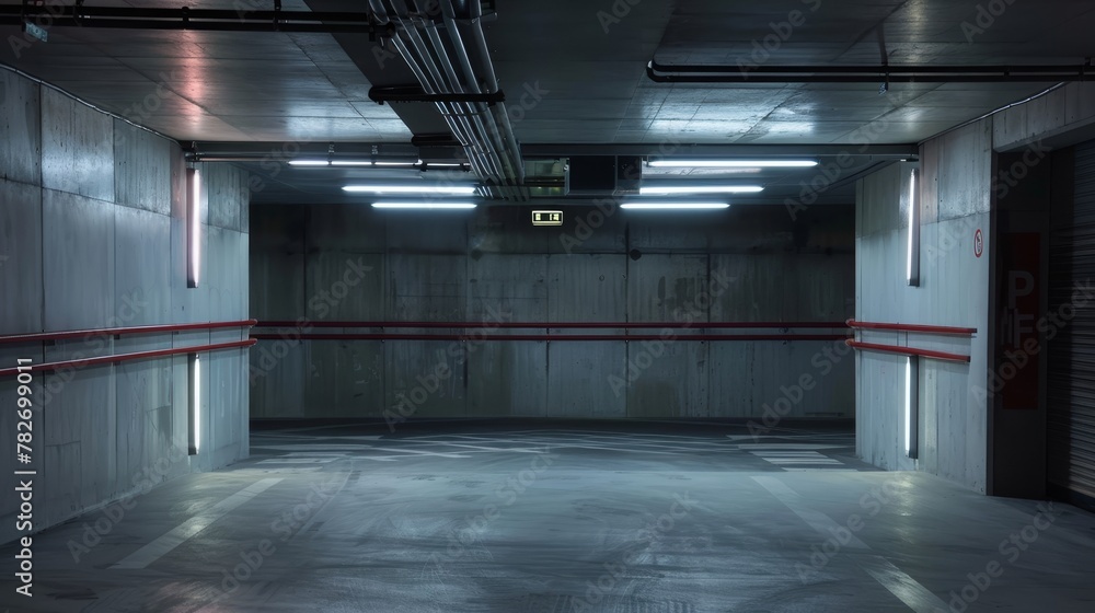 Fototapeta premium A barrier bathed in the artificial daylight of underground parking, a beacon of structure and security