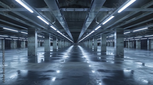 An expansive underground car park, its vastness highlighted by stark, artificial lighting