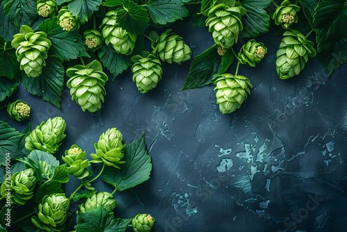 Green fresh hop cones for making beer and bread on black stone table. Brewery and Oktoberfest concept. Herbal natural medicine. Background for design banner, poster, card. Flat lay, top view