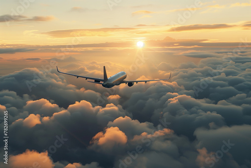 An airplane ascends above a sea of fluffy, golden-lit clouds during a breathtaking sunset flight photo