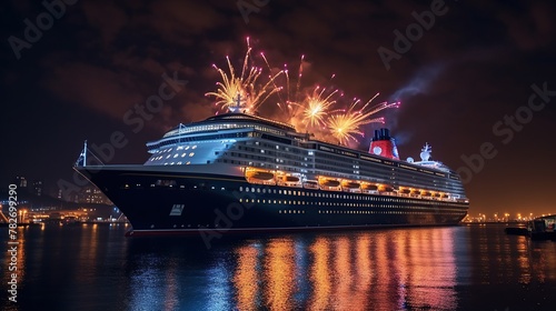 Fireworks are lit up in the night sky above a cruise ship © KRIS