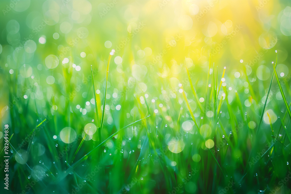 Fototapeta premium Beautiful spring background with dew on fresh green grass