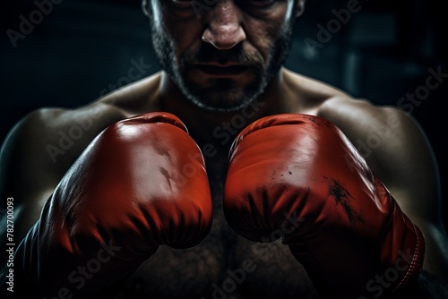 A close-up of a boxer's gloved fists in a pre-match stance © KerXing