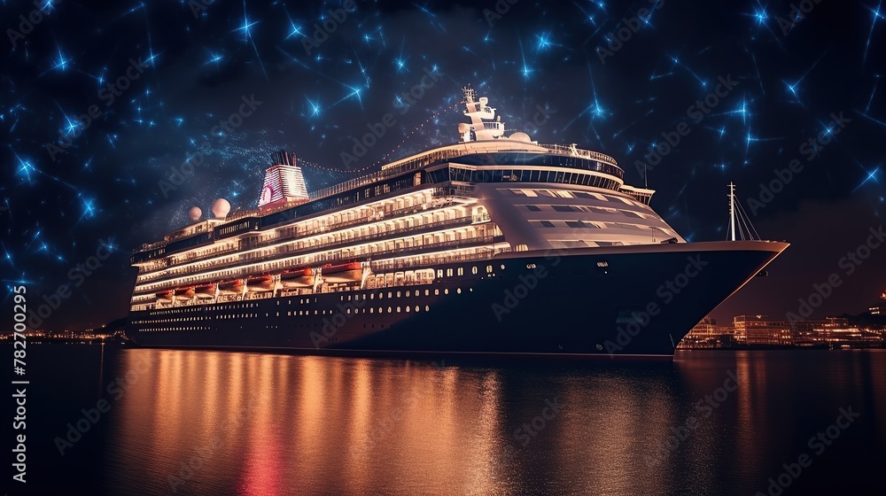 Fireworks are lit up in the night sky above a cruise ship