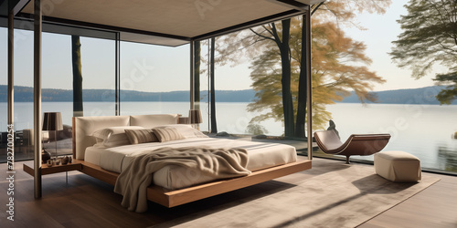  A modern bedroom with a floating platform bed and soft ambient lighting, featuring a backdrop of a panoramic cityscape visible through floor-to-ceiling windows.