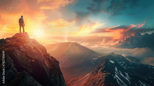 A person stands on the peak of a rugged mountain, facing a dramatic sunset. The sky is a vivid mélange of orange, yellow, and blue hues punctuated by soft, fluffy clouds. Sunlight streams through the 
