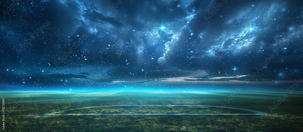 A serene view of a vast field under a sky illuminated by twinkling stars, creating a picturesque scene
