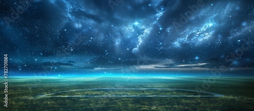 A serene view of a vast field under a sky illuminated by twinkling stars, creating a picturesque scene