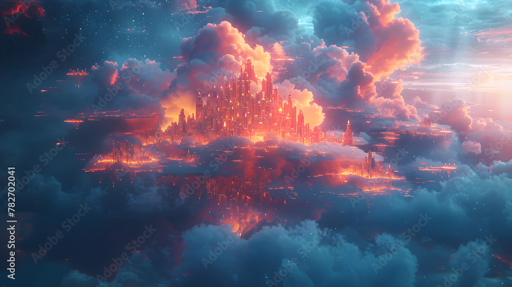 A city of glowing orange castle-like structures, surrounded by clouds and stars. game background A city of glowing orange castle-like structures, surrounded by clouds and stars. game background