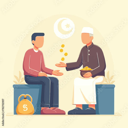 Free vector faceless Muslim giving alms zakat or infaq donation to a person who need it in flat poster illustration