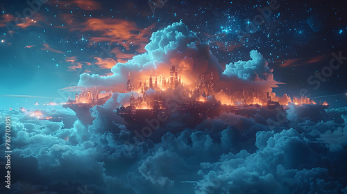 A city of glowing orange castle-like structures, surrounded by clouds and stars. game background © wing