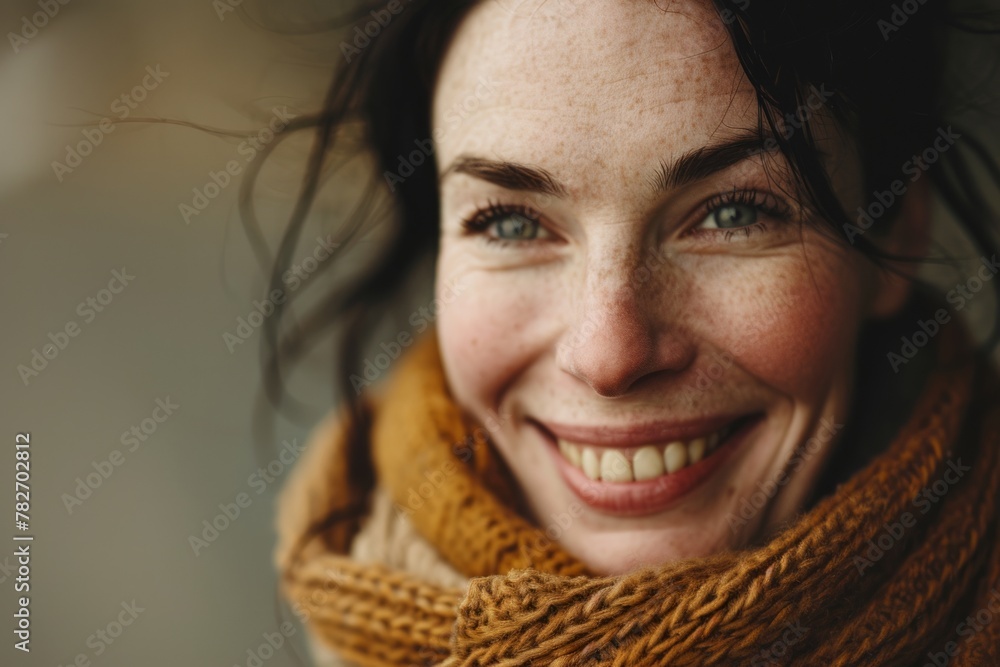 Portrait of a smiling woman in a scarf and warm clothes. Portrait of a smiling woman in a scarf and warm clothes.