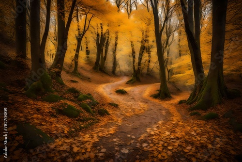 A meandering trail through a forest  with the ground covered in a blanket of fallen leaves.