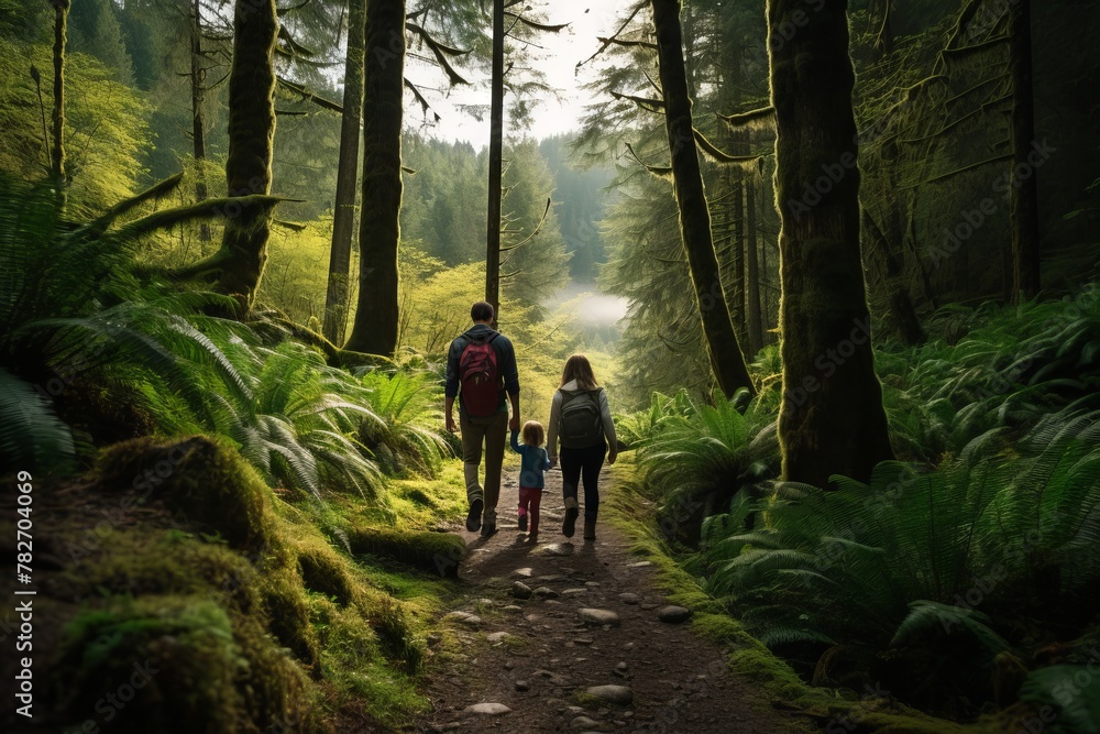 Family hiking through a lush forest trail Family hiking through a lush forest trail