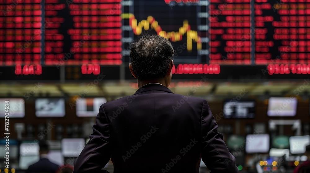 A man is looking at a stock market board with a red background