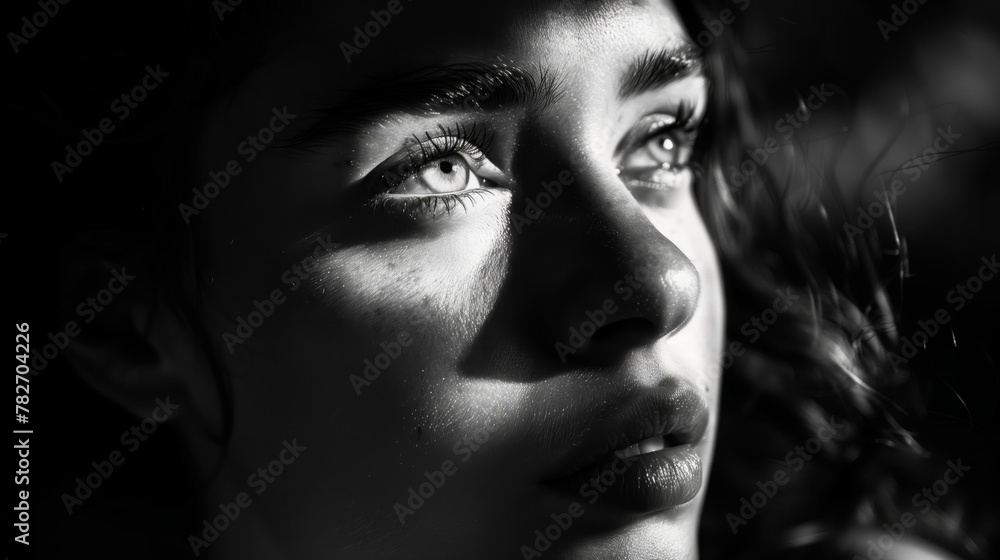 Fototapeta premium A woman with long dark hair and brown eyes is looking at the camera
