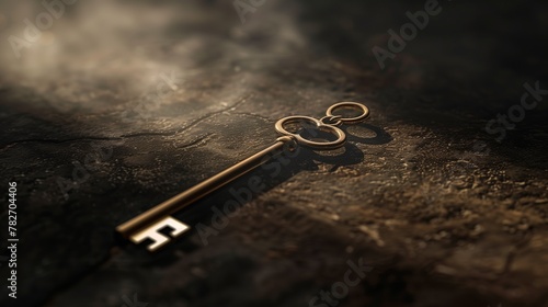A key is laying on a rock with a dark background © CuratedAIMasterpiece