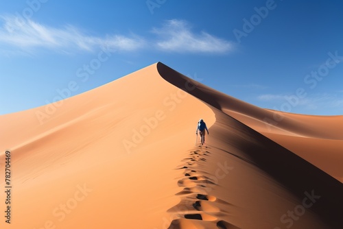 Hiker at the base of a massive sand dune