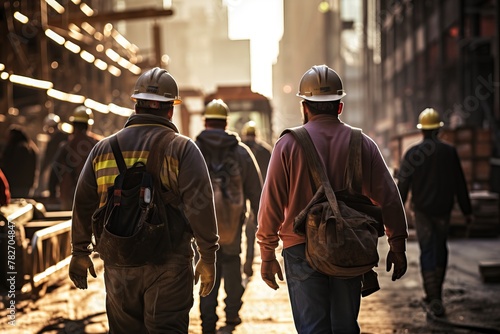 Laborers wearing hard hats walking to a construction site