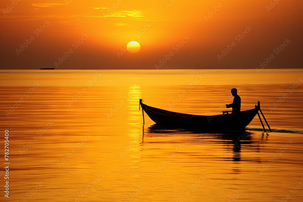 The silhouette of a boat on a golden sea