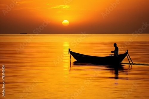 The silhouette of a boat on a golden sea