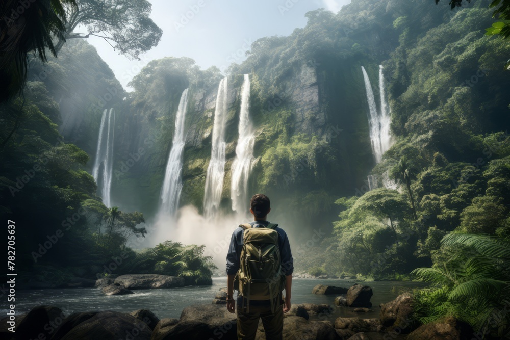A backpacker admiring a towering waterfall in a remote jungle