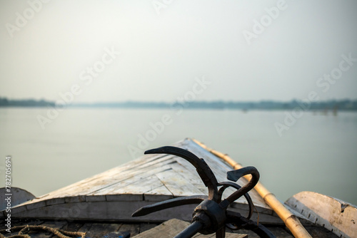 Country made Wooden boat deck of floating boat in river