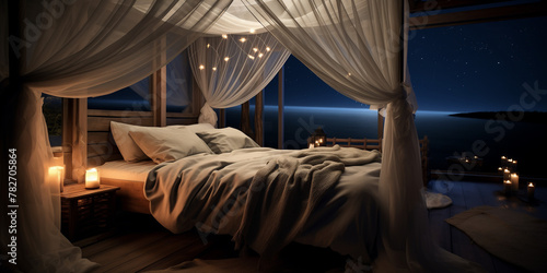  A peaceful navy blue and golden bedroom with a canopy bed, sheer curtains, and a view of the moonlit sky.