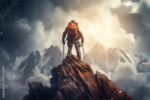 A close up of a hiker conquering a challenging mountain peak