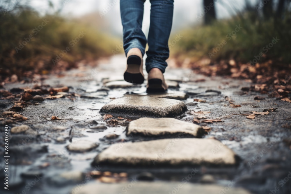 A close up of a person's feet walking on a path A close up of a person's feet walking on a path