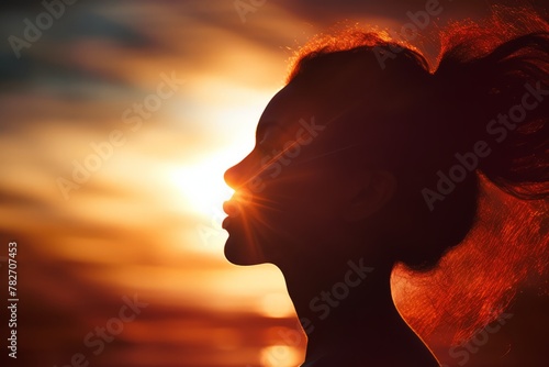 A close-up of a person's silhouette against a radiant sunrise