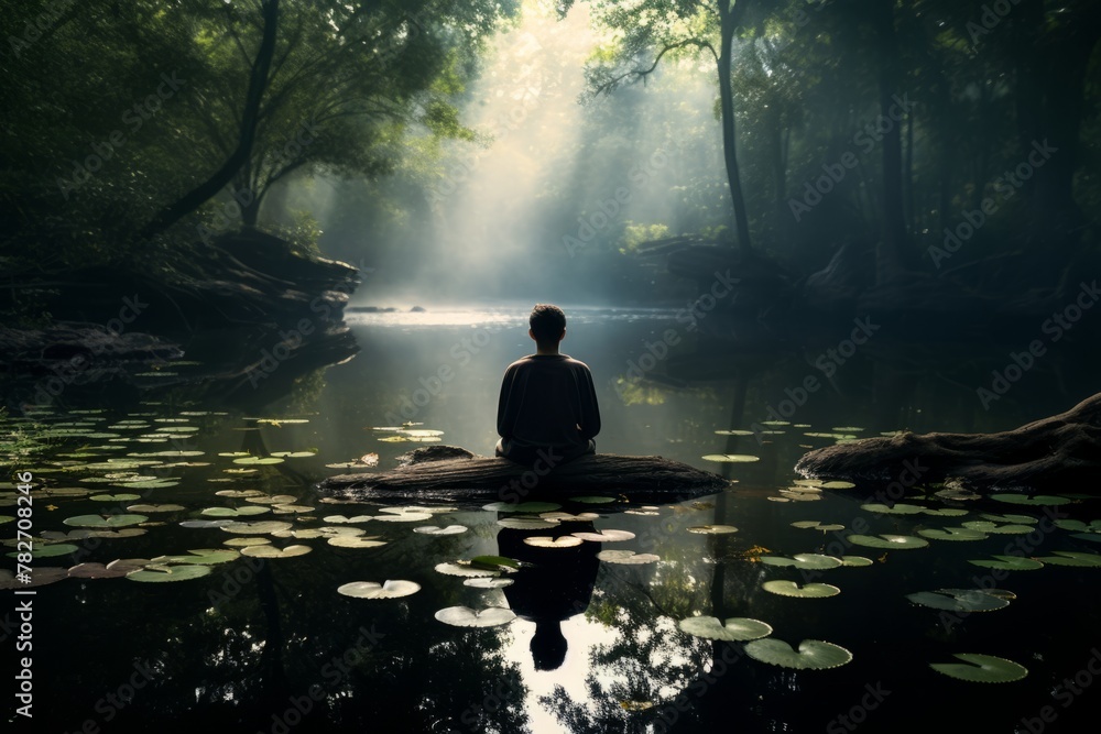 A contemplative reflection of a person meditating by a quiet pond A contemplative reflection of a person meditating by a quiet pond