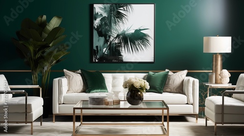 Artwork adorning a soft white sofa set against a striking emerald green wall, creating a harmonious ambiance. photo