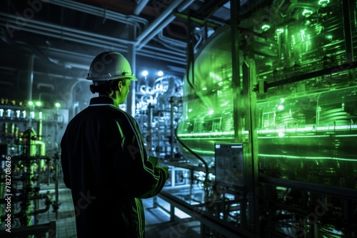 A dynamic photo of a technician inspecting a biofuel production facility