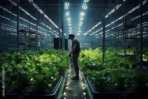 A dystopian farmer growing crops indoors under artificial light