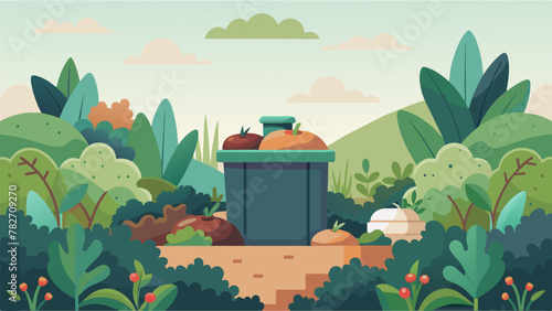 An outdoor compost bin surrounded by a thriving vegetable garden showcasing the practice of composting to reduce food waste and create