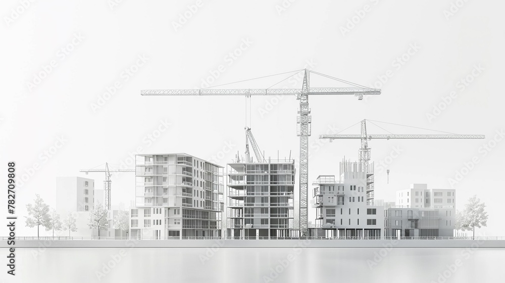 construction site with cranes and building on white background. Monochrome gray color scheme. Minimalist style , 3d rendering construction site with cranes and building on white background. Monochrome gray color scheme. Minimalist style , 3d rendering