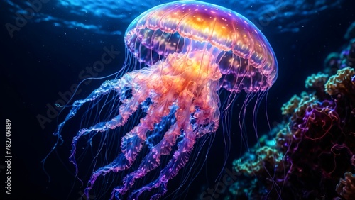 Glowing transparent jellyfish swimming in the depth of the ocean 