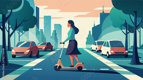On a treelined path a woman rides her electric scooter a thoughtful look on her face as she passes by the usual standstill of cars in rush hour