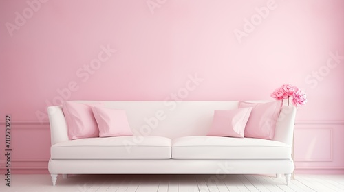 A cozy white sofa contrasting elegantly against a vibrant pink backdrop  invoking a sense of modern chic.